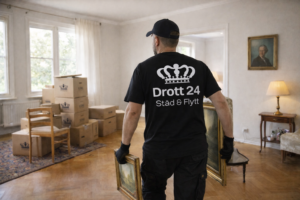 En anställd hos Drott24 bär möbler