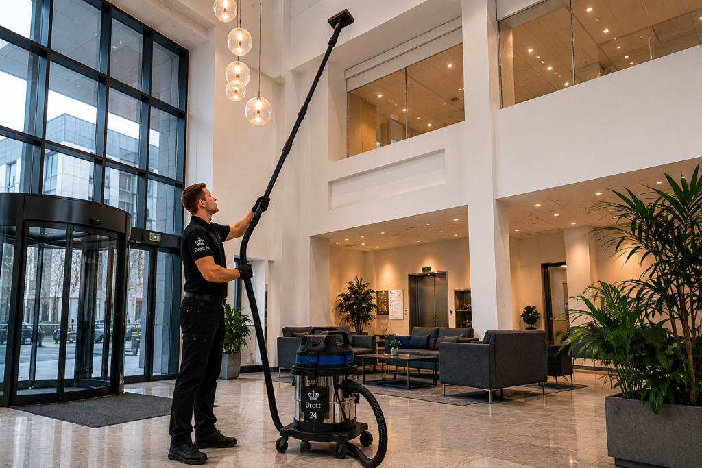 Anställd på Drott24 tvättar taket på hög höjd