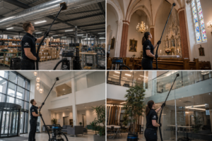 4 bilder på Drott24 arbetare som utför Höghöjdstädning