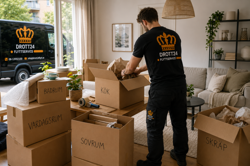 En man som packar ner i en flyttlåda